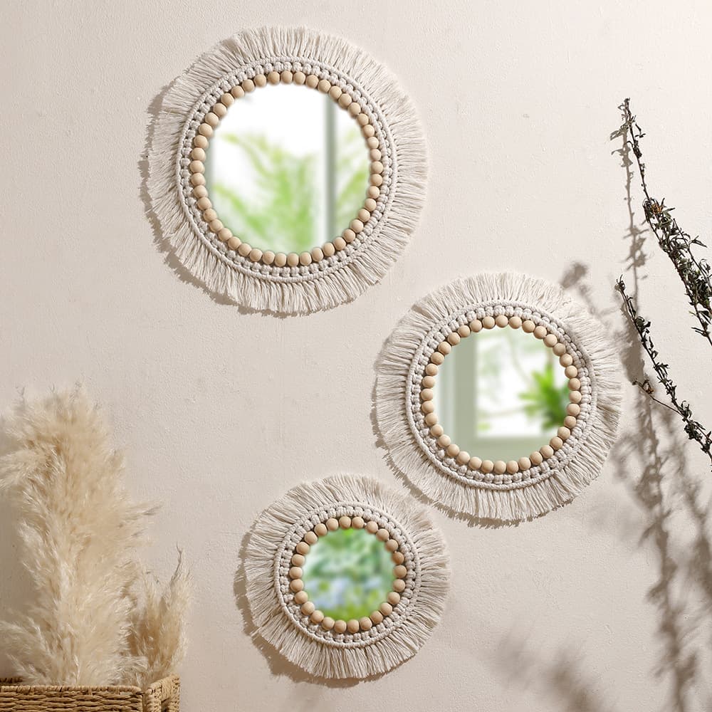 Bohemian Handwoven Cotton Rope Wood Bead Tassel Decorative Mirror Simple Home Bedroom Guesthouse Wall Hanging Wholesale