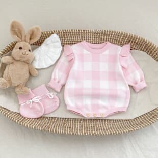 2026 Autumn New Plaid Cap Sleeve Top Bodysuit Baby Girl Cotton Knitted Long Sleeve Round Neck Pullover Sweater
