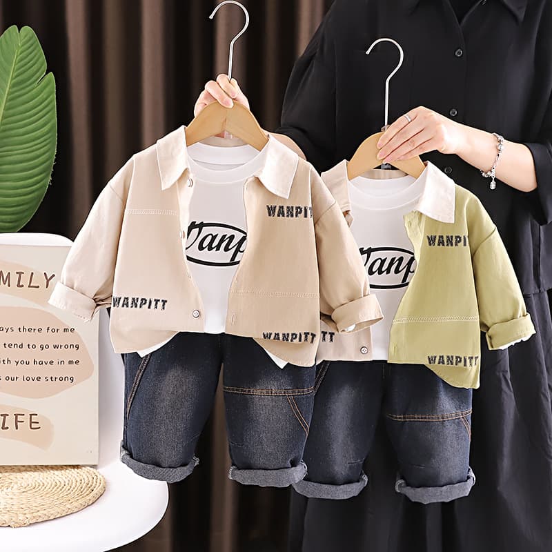 Boys' Suit Set 2026 New Spring and Fall Children's Fashionable Clothes Baby Autumn Color-Block Shirt Long-Sleeve Three-Piece Set