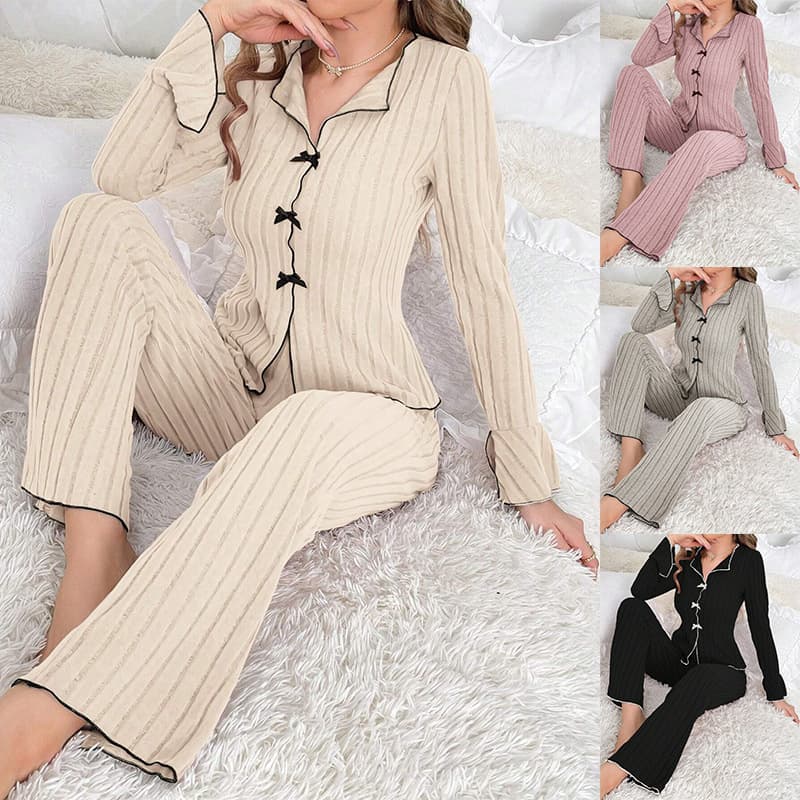 Women's Autumn/Winter Pajama Set with Lapel Bowknot, Fashionable Sexy Long Sleeve Top and Pants Loungewear for Cross-Border E-commerce to Europe and America