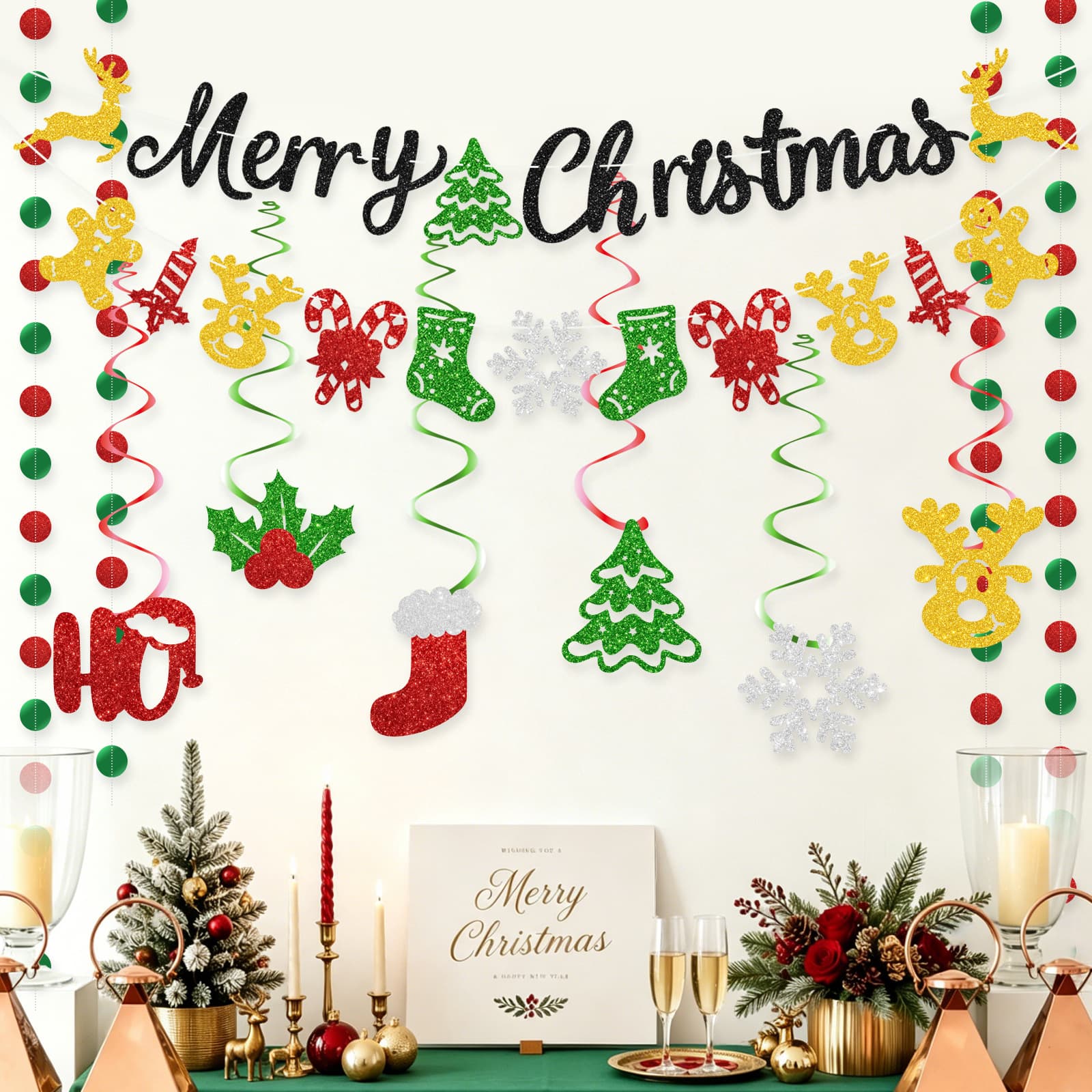 Amazon New Gold Glitter Merry Christmas Party Kit Spiral Hanging Banner Decoration