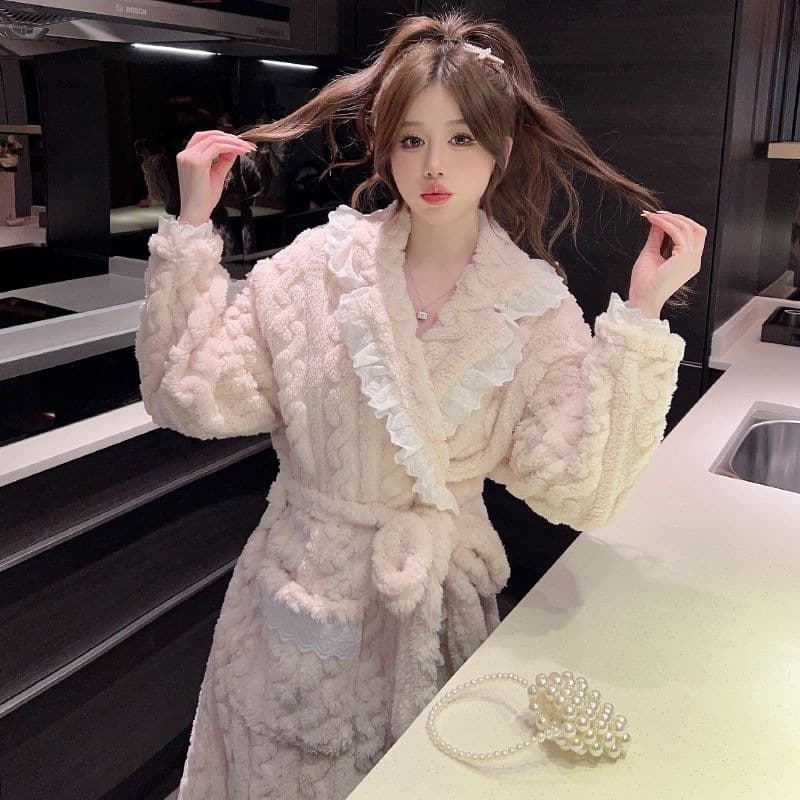 2026 New Autumn/Winter Mid-Long Sleepwear Women's Sexy Coral Fleece Thickened Plus Velvet Sleep Dress Flannel Bathrobe