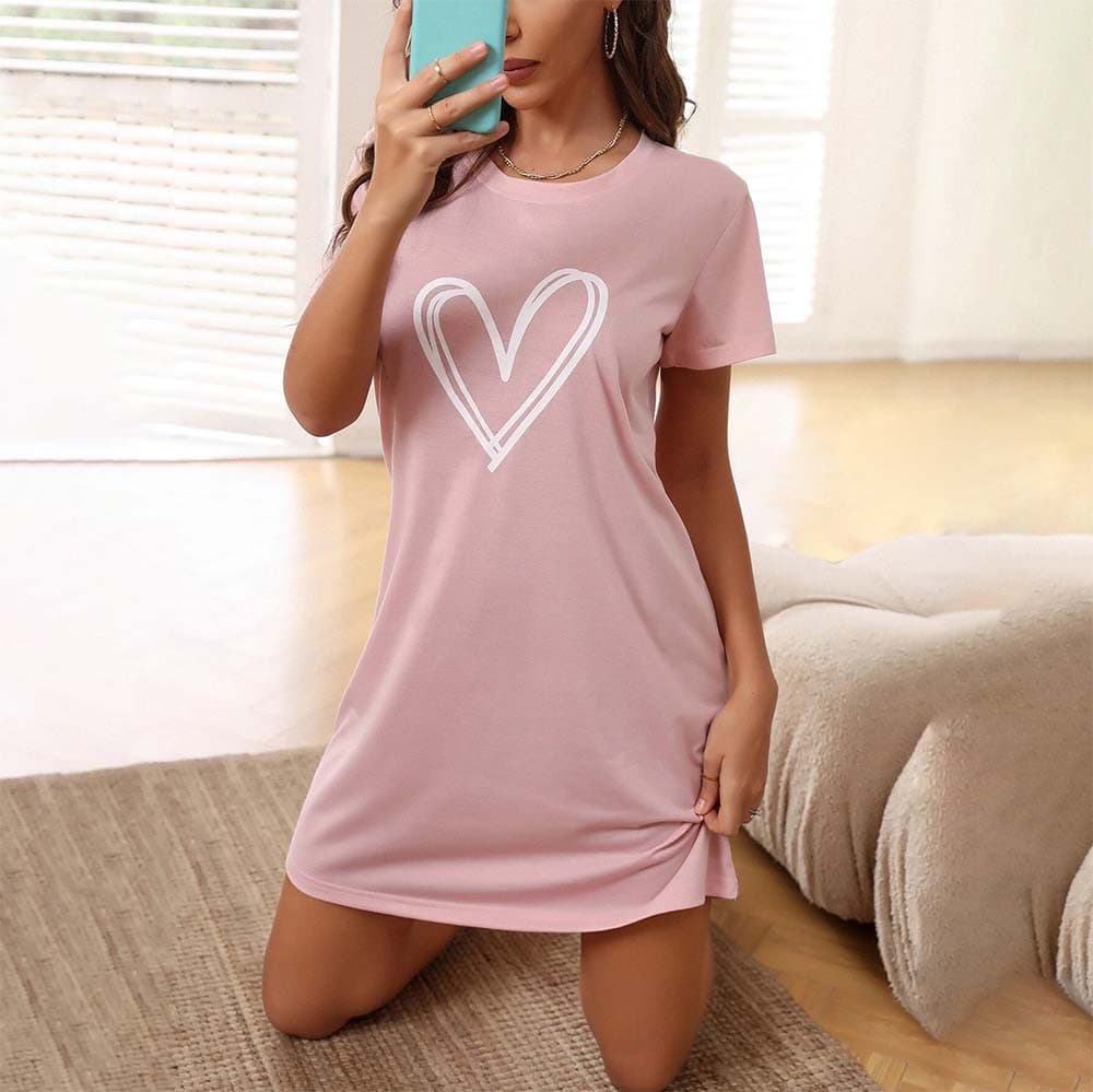 Women's Loungewear Nightgown with Heart Print, Short Sleeve, Comfortable Home Casual Sexy Dress Suitable for Going Out