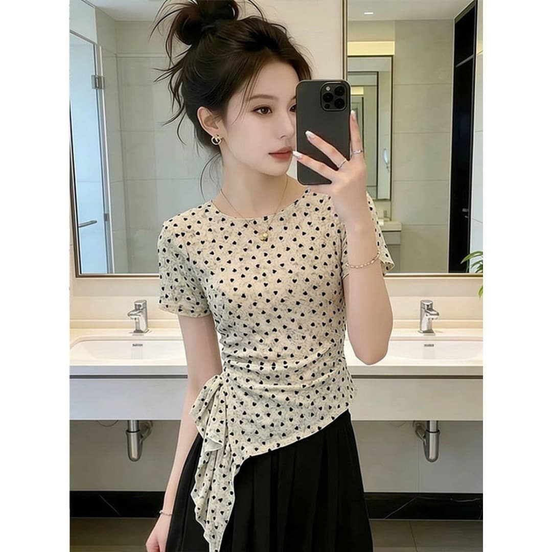 Designer Heart Polka Dot Cinched Waist Short Sleeve T-Shirt for Women Summer New Youthful Irregular Slimming Versatile Top