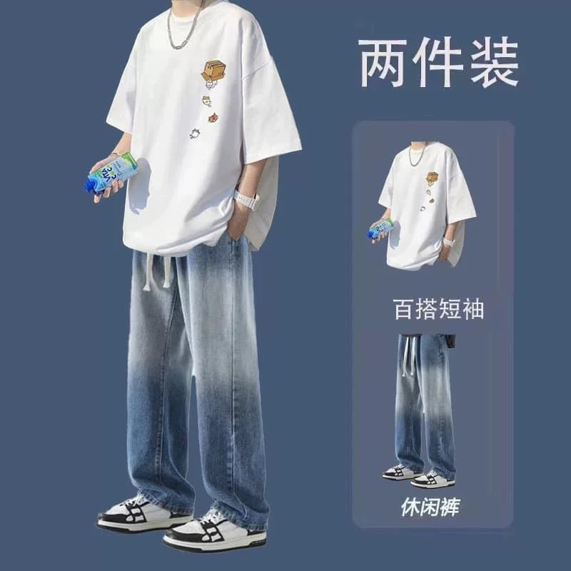 Summer Design Men's Set Hong Kong Style Fashion Short Sleeve T-Shirt with Jeans Trendy Student Two-Piece