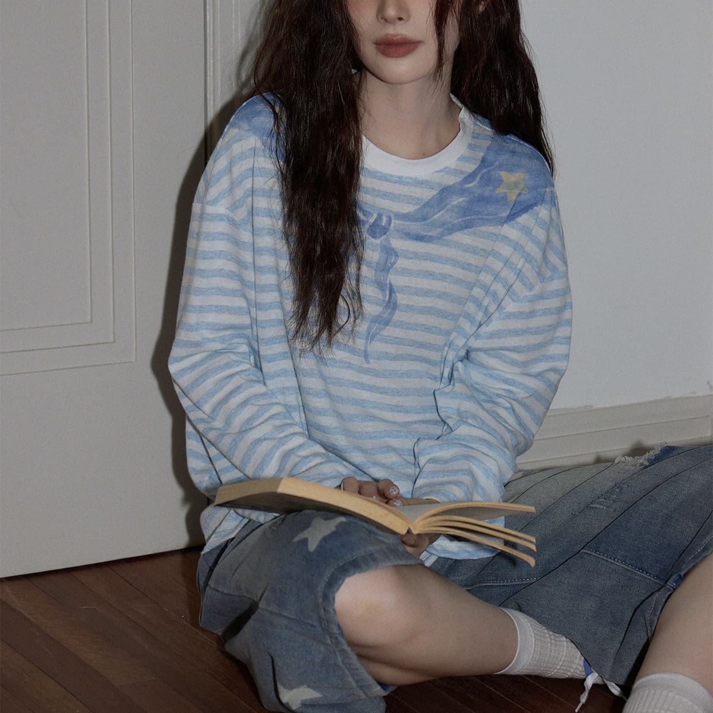 Noisy Korean-Style Blue Striped Sun-Protective Cover-Up Shirt for Women, Summer Lazy Loose Navy Style Thin Long-Sleeve T-Shirt Top