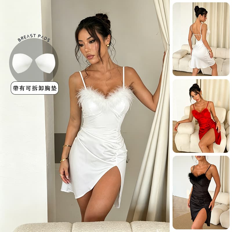Foreign trade style hot girl style light luxury satin nightgown women's summer furry decorative sexy slim fit hip-hugging short skirt 1216