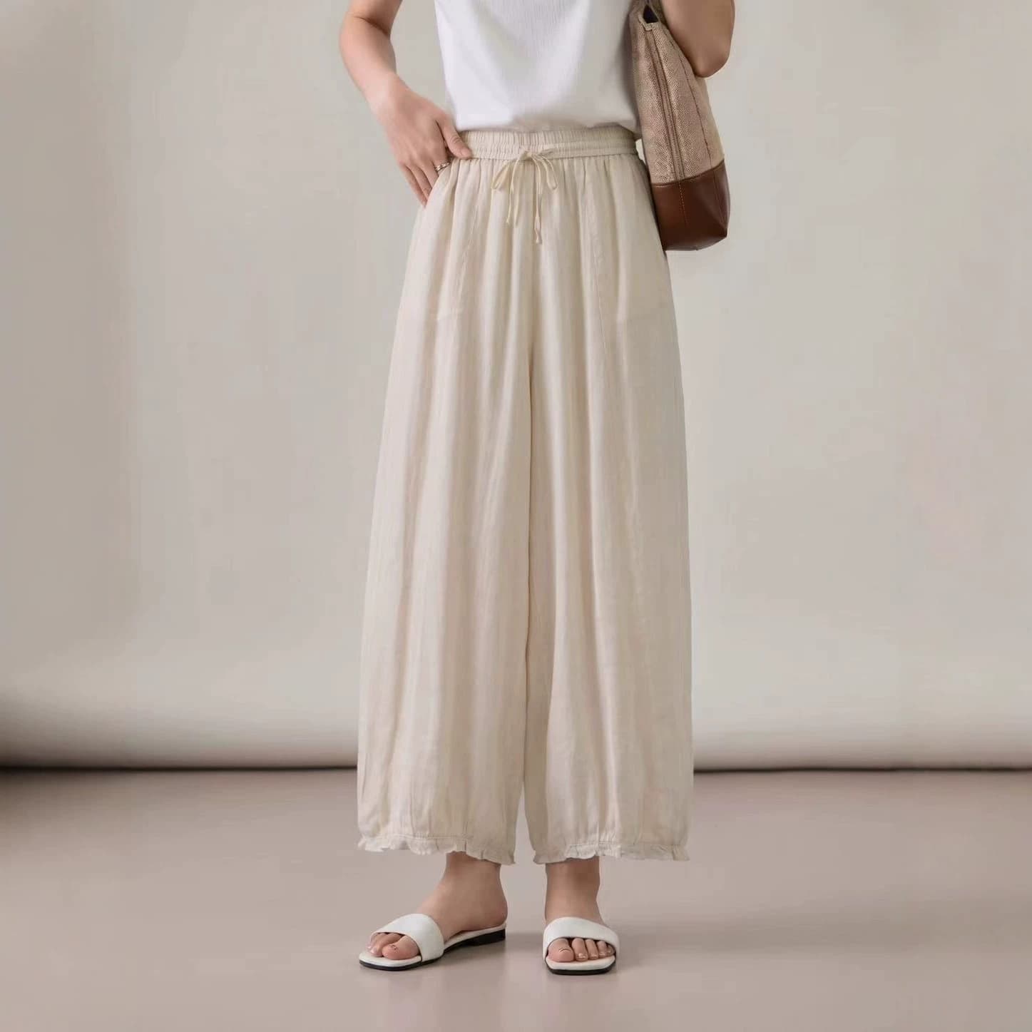 2026 Summer New Pure Ramie Lace Hem Double-Layer Puff Pants Artistic Casual Loose Drawstring Women's Trousers