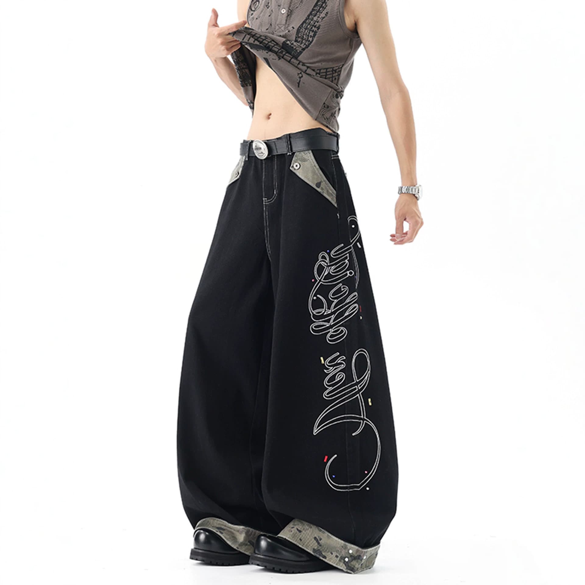 American retro letter embroidered jeans for men summer high waist camouflage stitching design pants wide leg scimitar pants