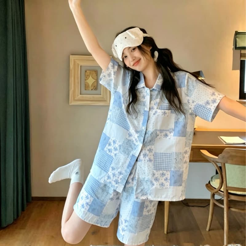Cloud Cotton Pajama Set for Women Summer New Style Casual Small Notch Collar Short Sleeve Top and Shorts Loungewear Set Cross-Border Wholesale
