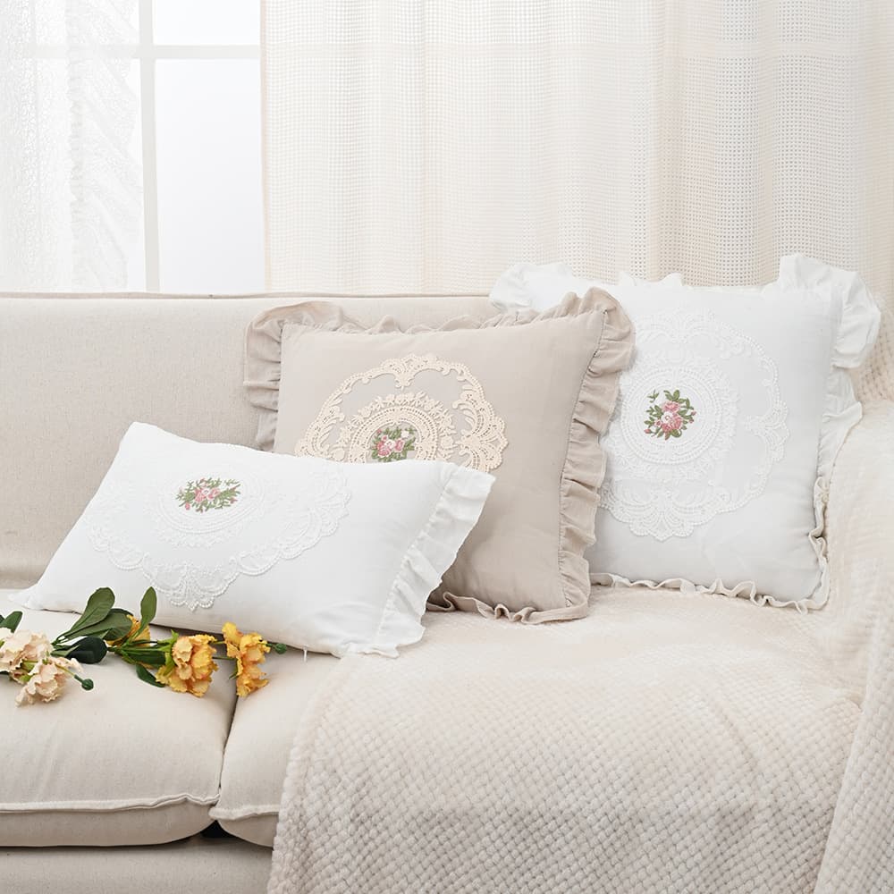 French Lace Throw Pillow, Cotton White Ins Style Square Pillow Lumbar Cushion American Style Sofa Bedroom Backrest