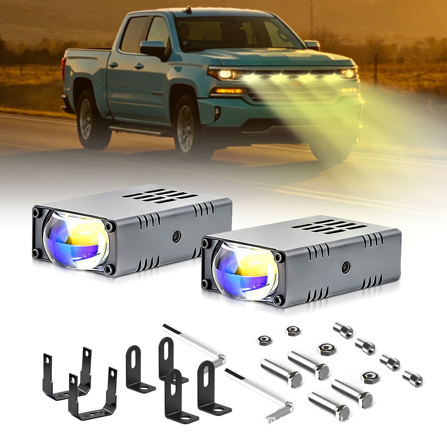 LED Car Grille Light High Intensity Blue Film Lens Fog Light Dual Beam White/Yellow Light Waterproof Dustproof Built-in Fan