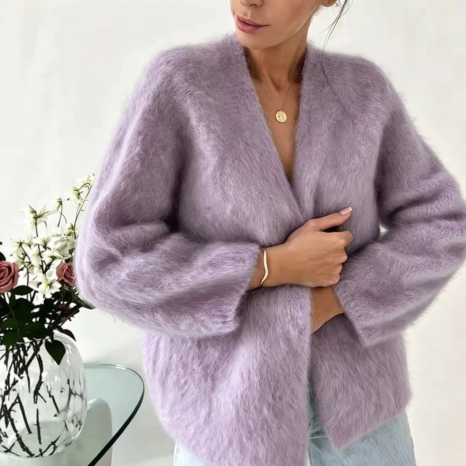 Cross-Border V-Neck Sweater Coat Women's Knit Cardigan Solid Color Faux Fur Large Size Loose Lazy Style Sweater Women Green