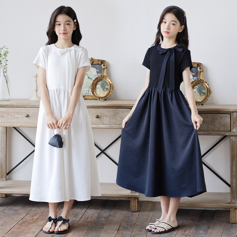 Girls' Dress 2026 Summer New Bowknot Hepburn Style Short Sleeve Slim Fit Long Dress for Older Children