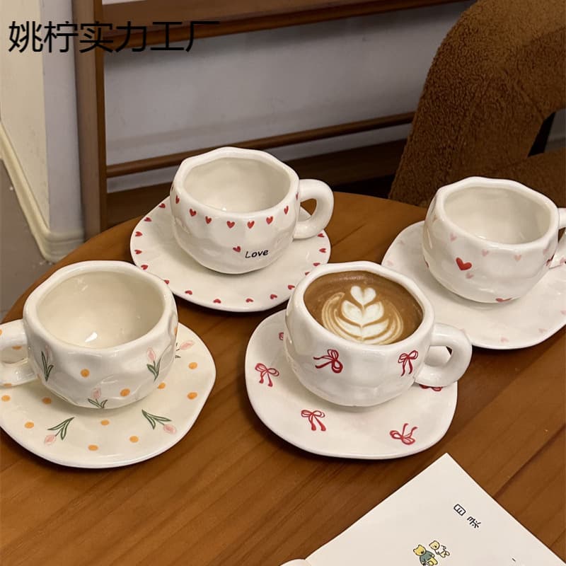 Korean Vintage Floral Ceramic Cup and Saucer Set, Handmade Irregular Coffee Cup and Saucer, Afternoon Tea Cup and Saucer Wholesale