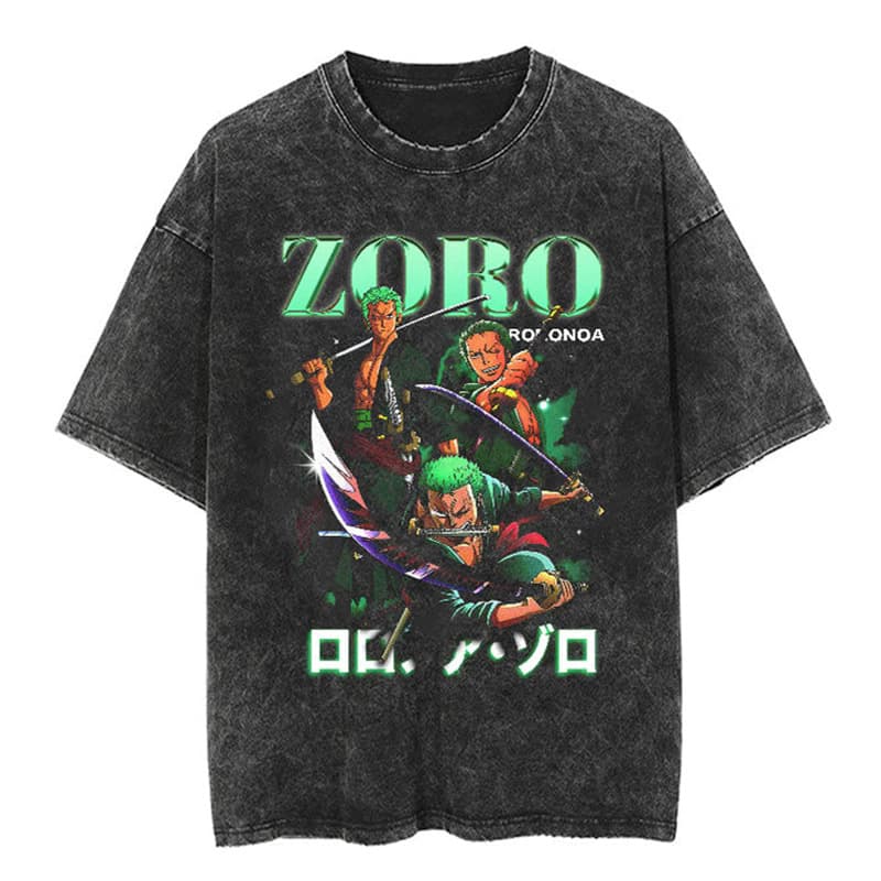 Summer Loose Fit Japanese Classic Vintage Washed One Piece Luffy Anime Print Crew Neck Short Sleeve T-Shirt