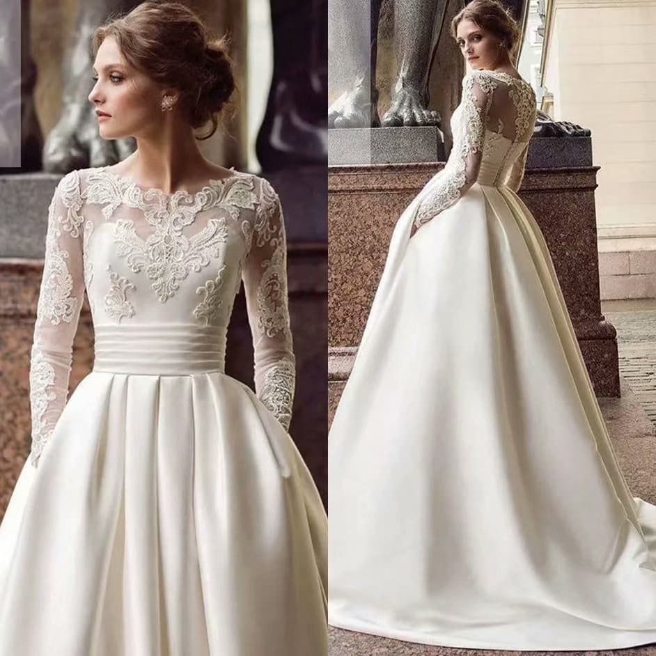 Amazon AliExpress Wish New Wedding Dress Round Neck Lace Long Sleeve Satin Slim Wedding Gown