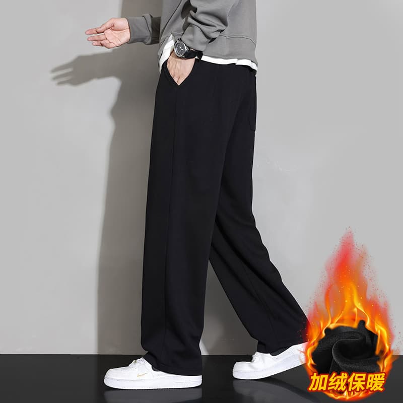 Jianheng Trend Brand Men's Winter Fleece-lined Pants, Loose Wide-leg Casual Sports Extra Thick Straight-leg Sweatpants, Pure Cotton