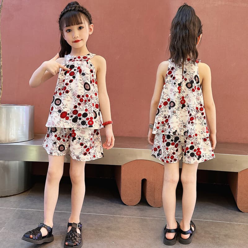 2025 Summer New Girls' Pants and Skirt Set, Children's Casual Summer Wear with Halter Neck Two-Piece