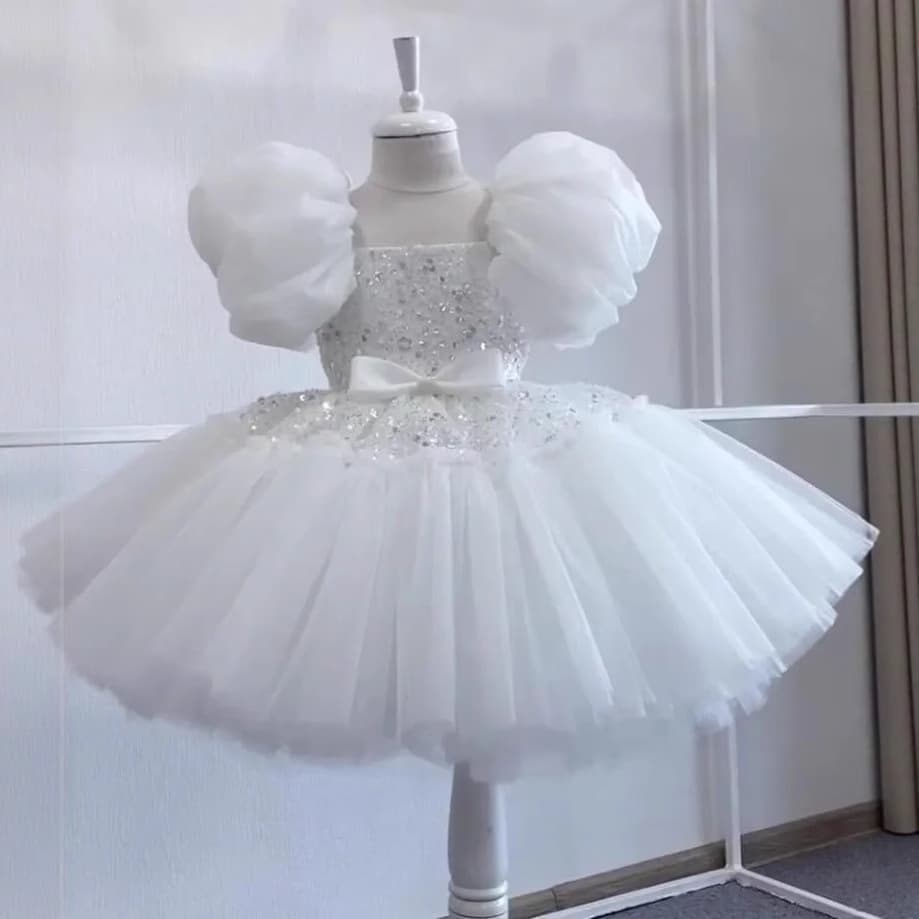 Flower Girl Wedding Dress for Little Girls, High-End Princess Gown with Puff Sleeves, Children's Host Performance Outfit