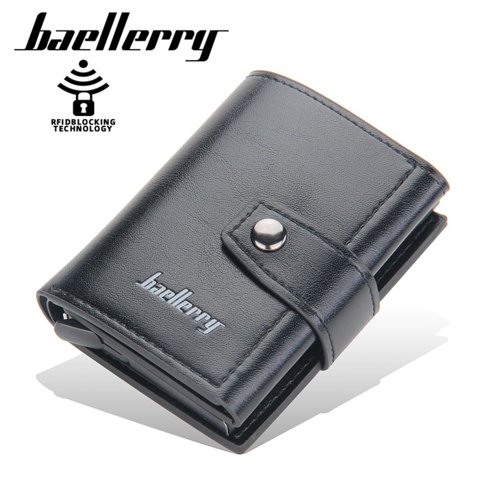Baellerry Men's Wallet Aluminum Box Anti-Magnetic Neutral Short with Buckle Automatic Ejection Card Holder PU Leather Waterproof Wear-resistant