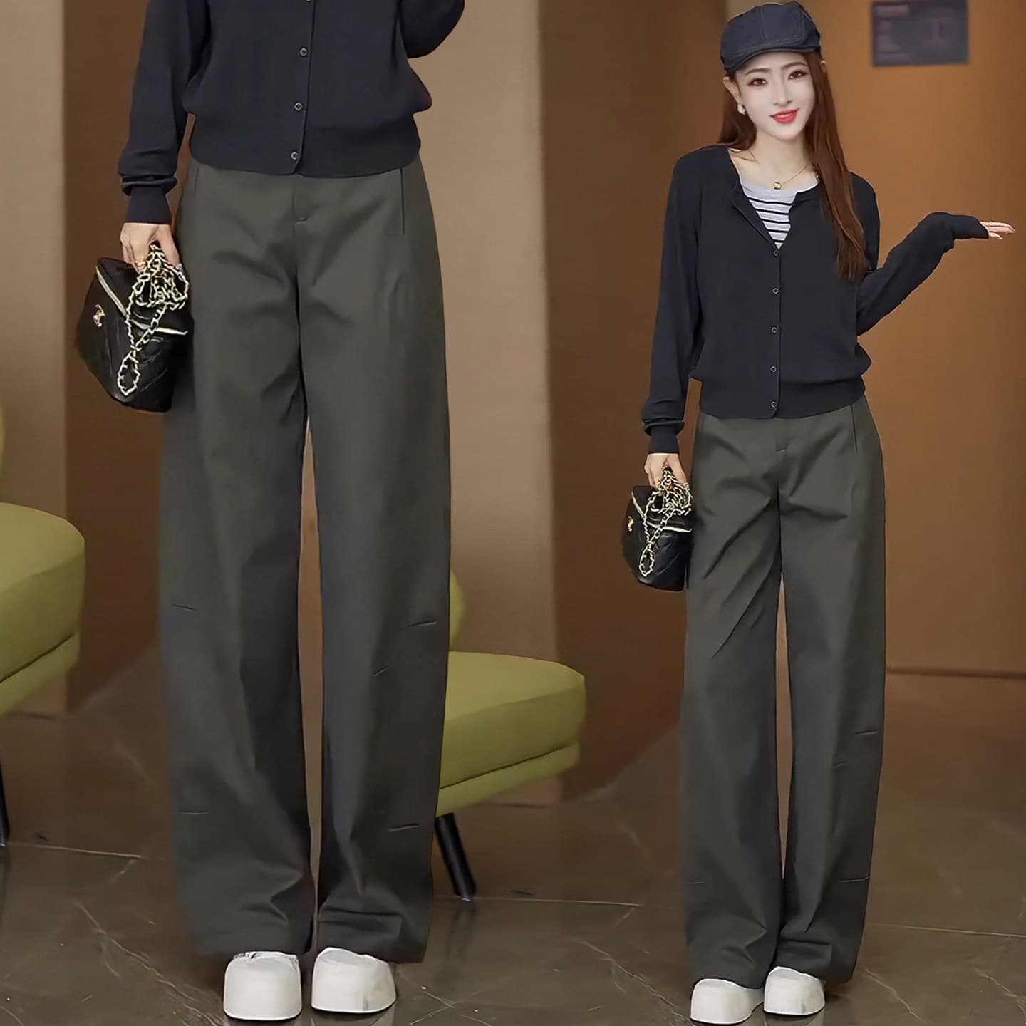 Curved Wide-Leg Pants Women Spring Autumn 2026 New High-Waist Bestseller Fashion Army Green Casual Cargo Banana Pants