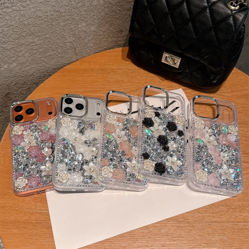 Suitable for iPhone 17 Phone Case, Stereo High-End Apple 16 Luxury Camellia Flowers Full Diamonds 15Pro Protection