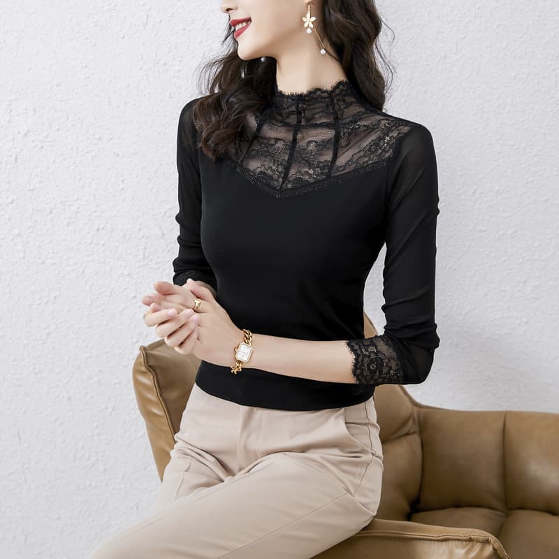 2025 Spring New Stand Collar Mesh Blouse Women Long Sleeve T-Shirt Slim Fit Inner Lace Top