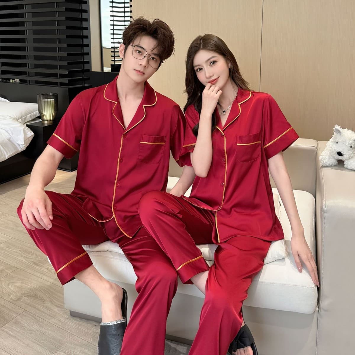 Red Wedding Couple Pajamas Women's Spring/Autumn Ice Silk Short Sleeve Marriage Homewear Fall Casual Set Men 2663