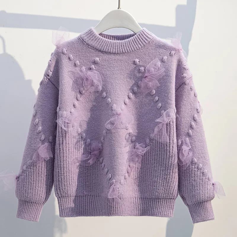 Girls' Thickened Winter Sweater New Stylish Girls Trendy Mesh Spliced Pullover Knit Base Layer Top Fashion