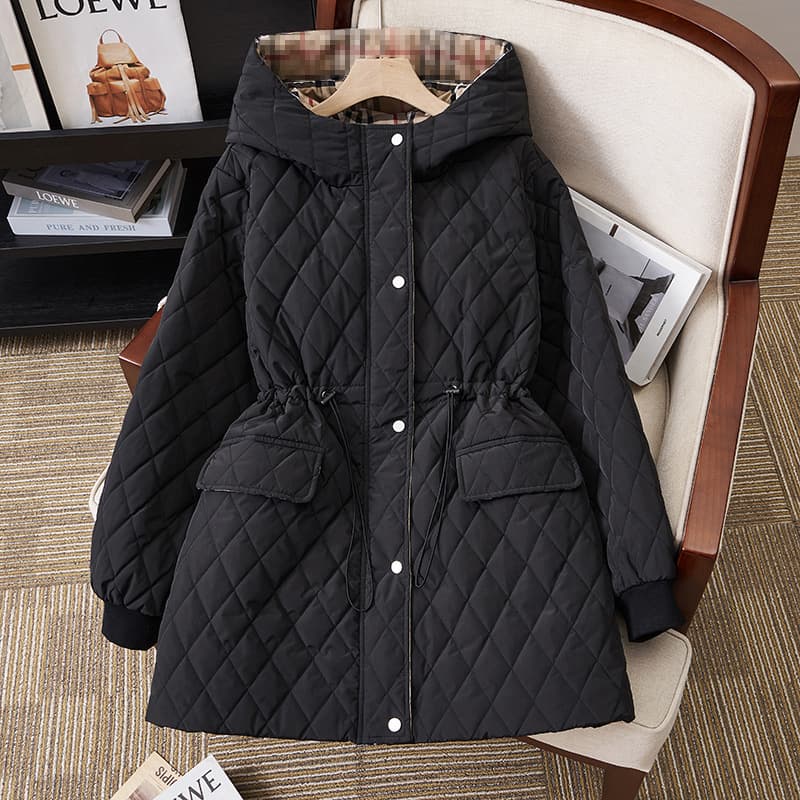Autumn/Winter Plus Size Korean Style Patchwork Waist-Cinching Warm Windproof Hooded Cotton Jacket, Simple Top S5576
