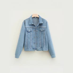 Amazon & AliExpress Cross-Border Women's Beaded Rhinestone Denim Jacket Turn-Down Collar Long Sleeve Plus Size Denim Coat