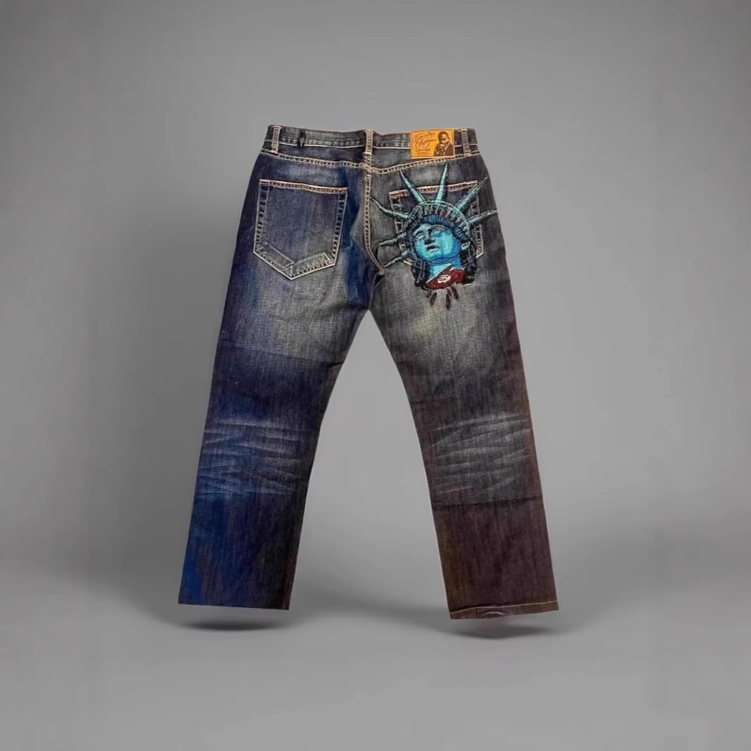 European and American cross-border AliExpress foreign trade Statue of Liberty retro distressed washed jeans for men and women trendy brand straight pants