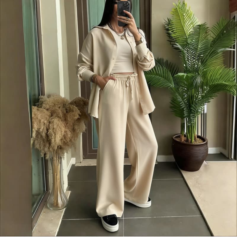 European and American cross-border spring new style fashionable women's two-piece large size imitation linen shirt suit high-waisted loose trousers