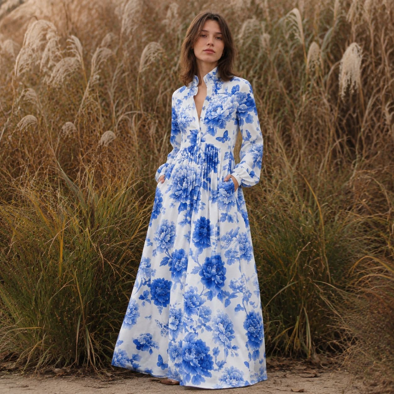 Cross-border European and American French-style waist-cinching long-sleeve printed dress, elegant vintage casual dress for vacation women's wear