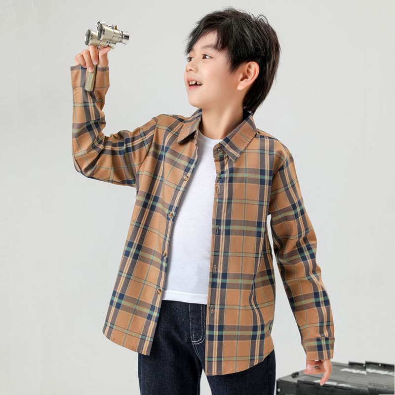 Boys' shirts pure cotton plaid children's shirts spring and autumn British style teenagers and older children's shirts thin coats autumn