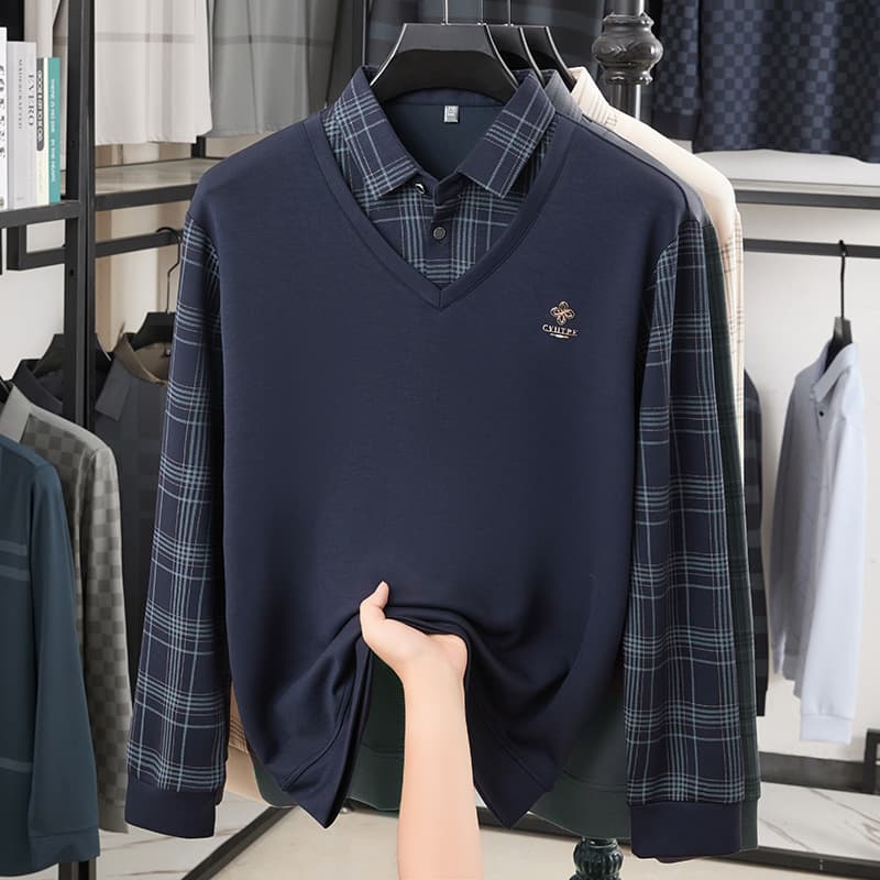 Autumn men's long-sleeved T-shirt middle-aged and elderly dad autumn top lapel men's POLO shirt grandpa fake two-piece T-shirt