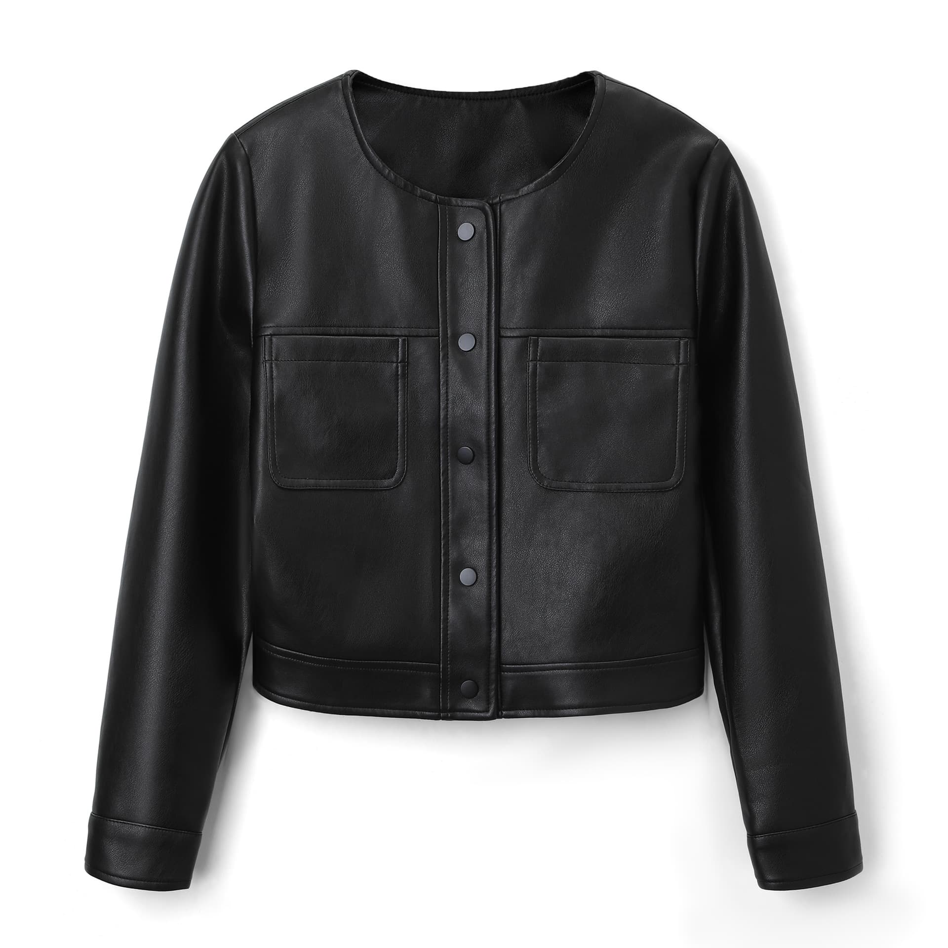 French Round Neck Slimming PU Leather Jacket for Women Single-Breasted Simple Commute Loose Fit Petite Black Leather Top Wholesale