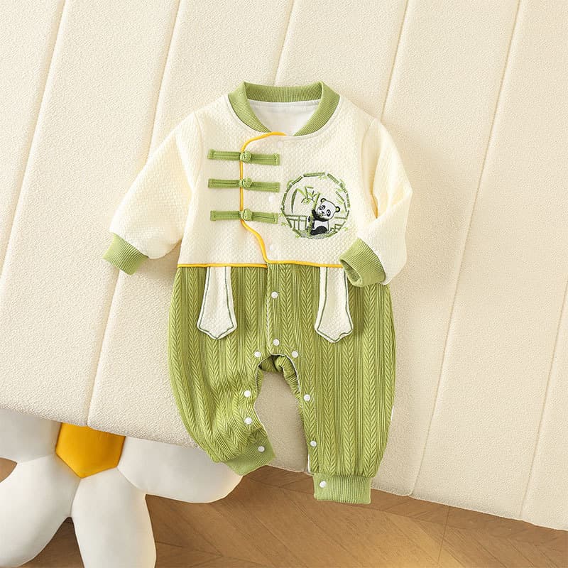 Spring new national style crawling suit for men and women, casual panda double-layer jumpsuit, one-year-old suit, full-month suit