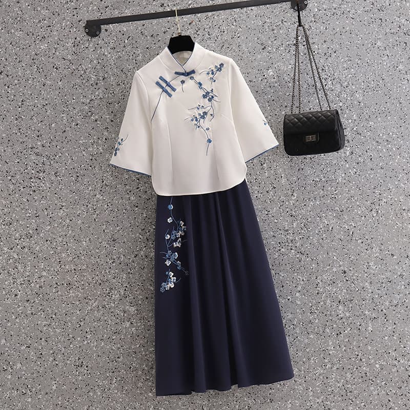 Women's Retro Improved Qipao Summer Ethnic Style Embroidered Orchid Set Skirt Republic of China Style Student Outfit Ancient Style