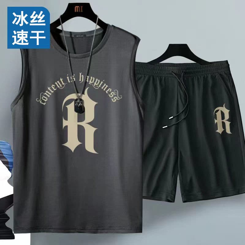 Ice Silk Men's Sports Set Quick Dry Basketball Uniform Summer Vest Shorts Gym Running One Piece Thin Male Fitness Outfit
