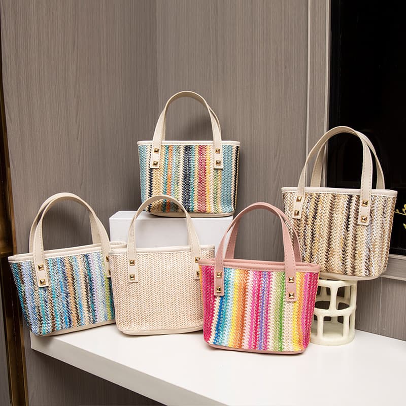 Straw Woven Handbag 2024 New Bags Women's Straw Rivet Shoulder Bag Wholesale for Export