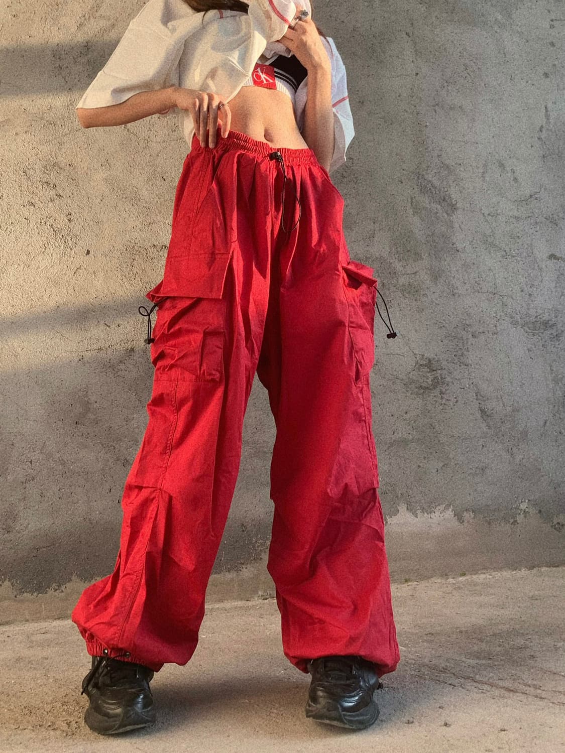 Red Cargo Pants for Women, American Style, Loose Fit, Ins Fashionable, Plus Size, Wide Leg, Cuffed, Casual Sportswear