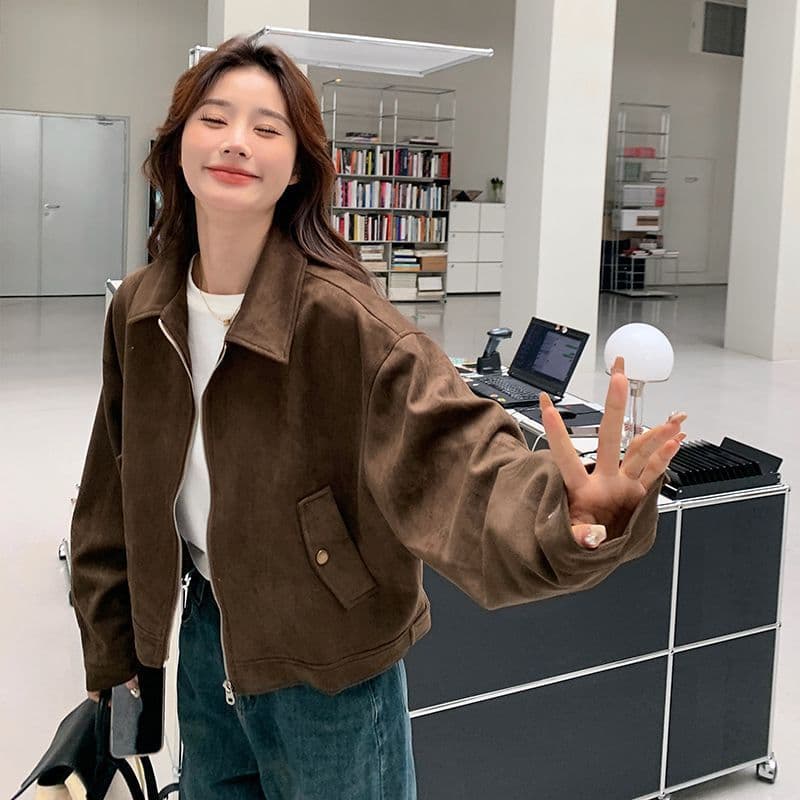 Maillard short suede jacket for women, spring and autumn American retro lazy chic cool and sassy leather jacket