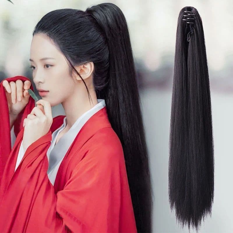 Ancient Chinese Hanfu Wig for Women, Tiger Mouth Clip Ponytail, Long Straight Hair, Ancient Style Bun, COS Film and TV High Ponytail