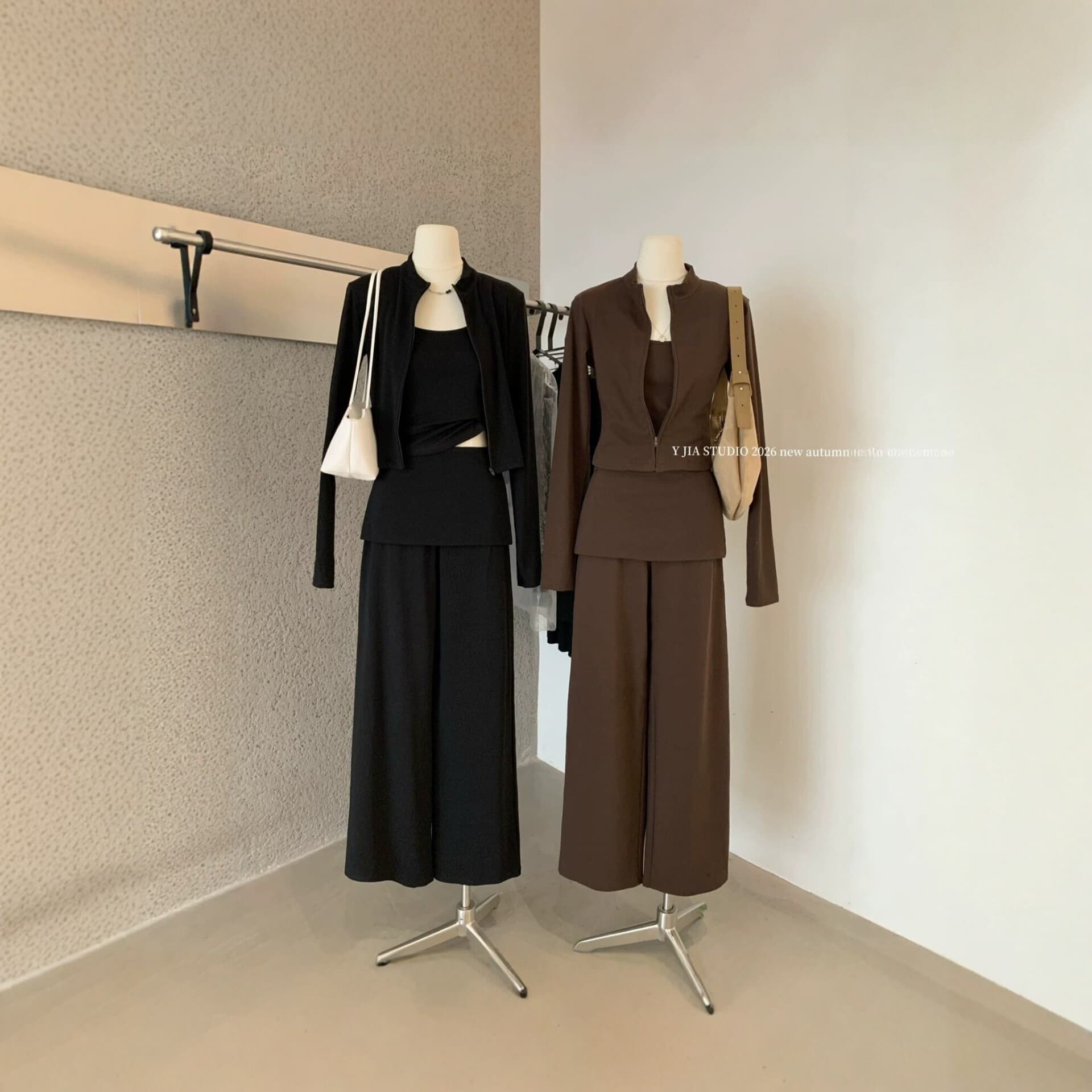 2026 Fall Premium Three-Piece Women's Casual Wide-Leg Pants Set in Black and Coffee, Fashionable Simple Jacket with Camisole