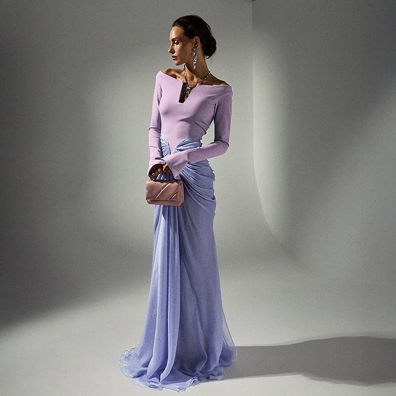 European and American Style Cross-border Women's Clothing 2026 Summer New Trendy Color-block Fitted Pleated Long-sleeve Dress