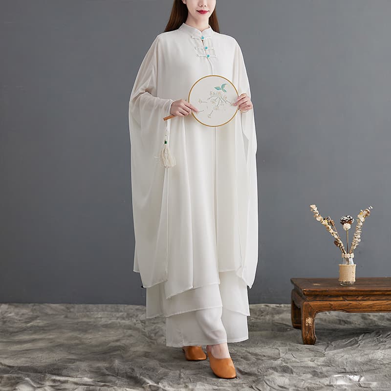 2025 New Women's Artistic Vintage Tea Dress Fairy Zen Dance Dress White Yoga Tai Chi Dress Two-Piece Set