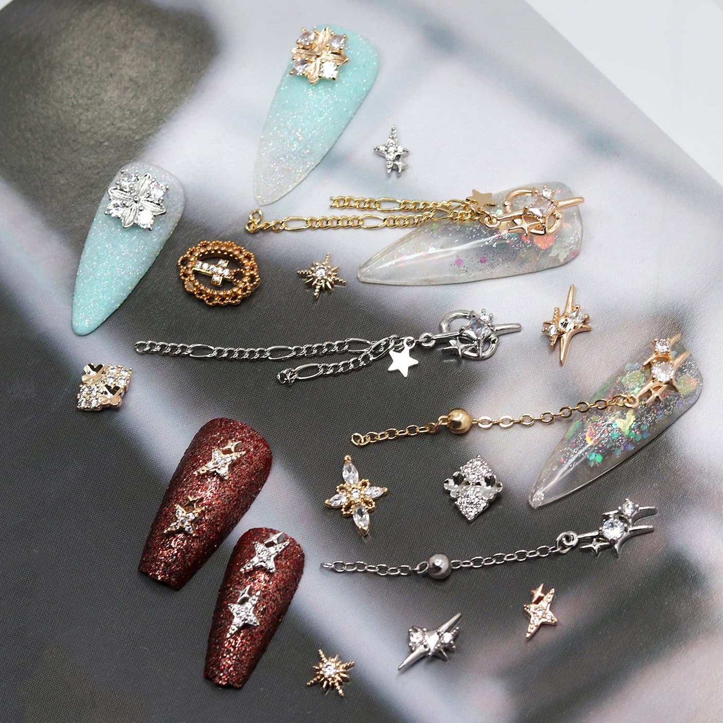 Copper with Zircon Star Burst Buccellati Style Nail Art Accessory Star Shine Nail Sticker Handmade Press-On Nails Nail Art Accessory