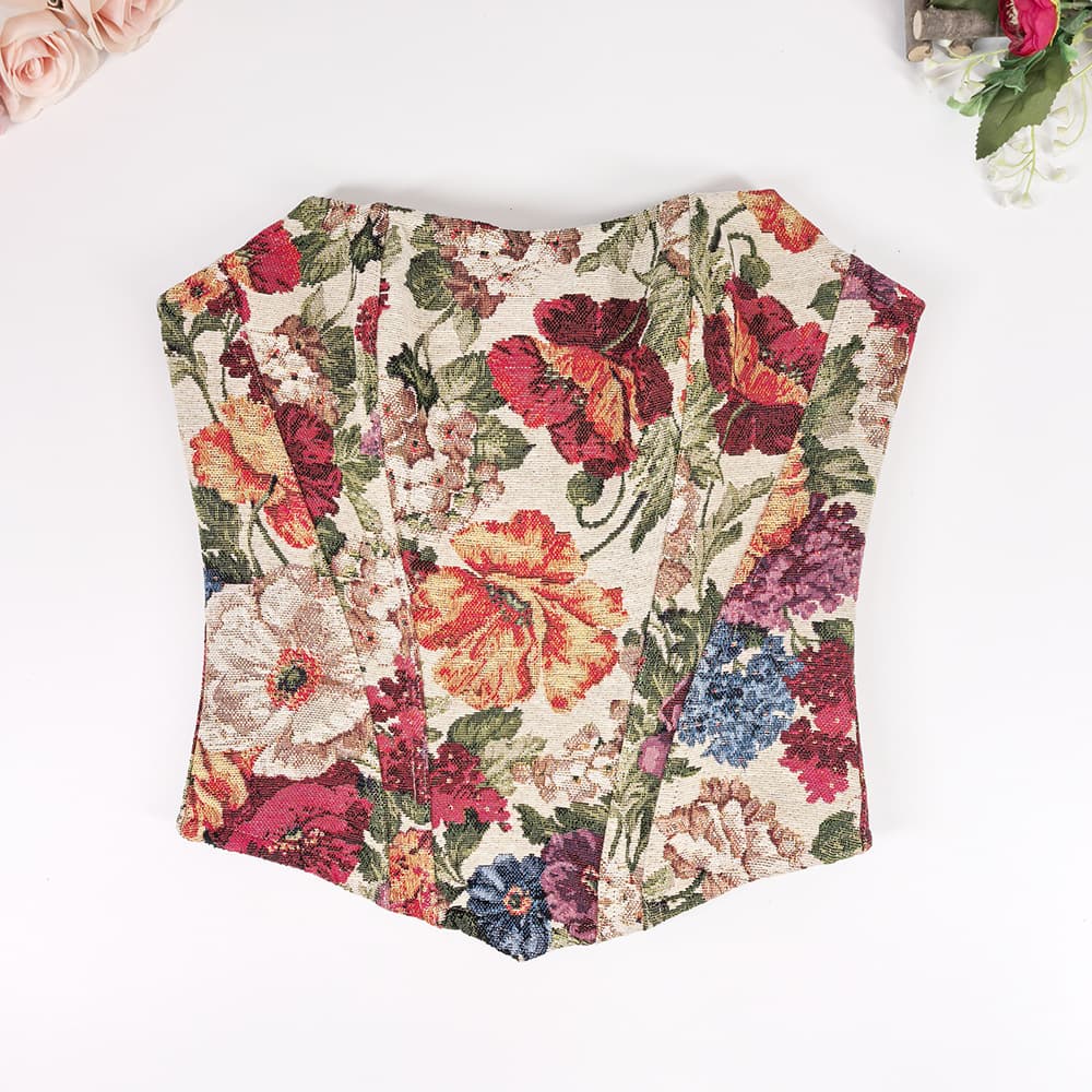 Large bust appears smaller, strapless French jacquard boning bra, side bodice, cinched waist, camellia oil painting dress top